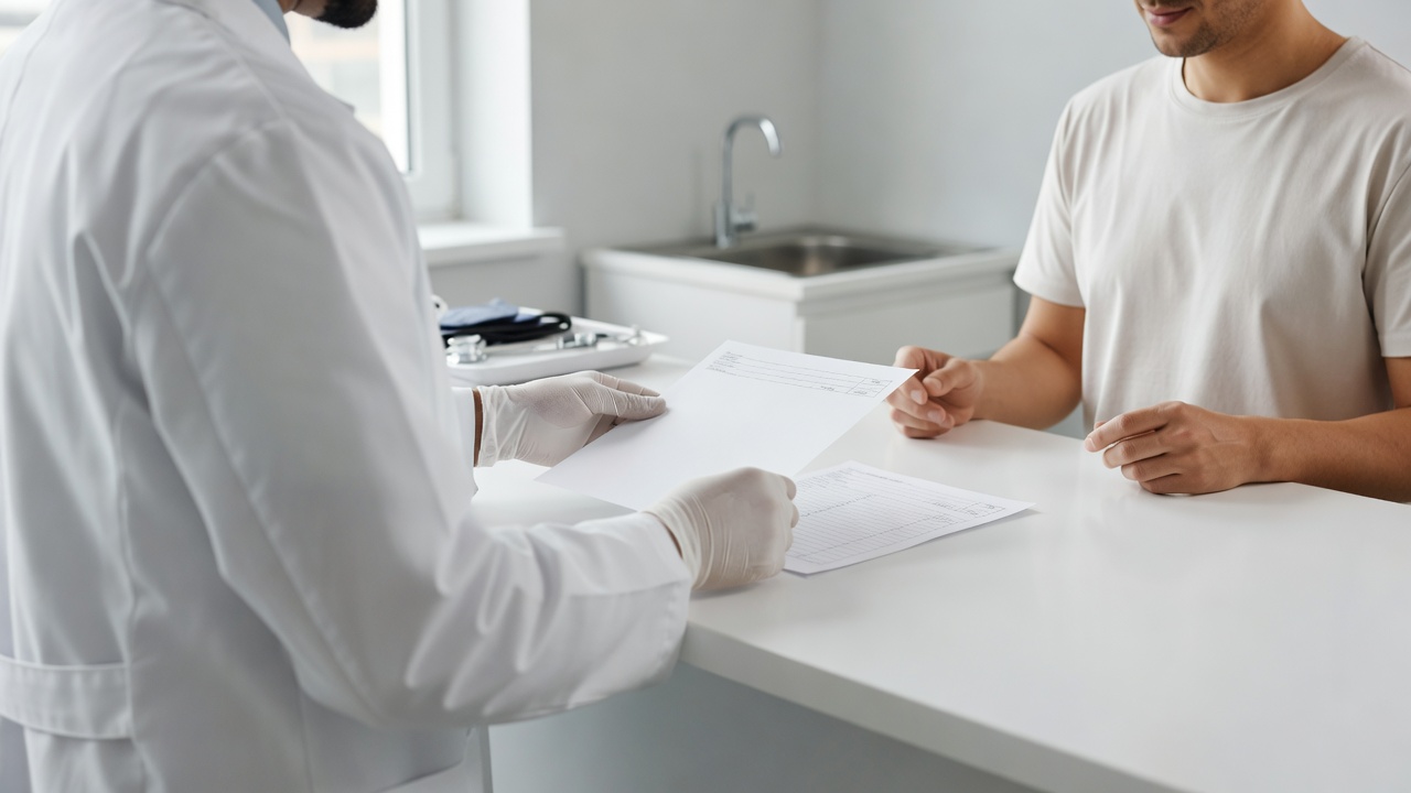Wide over-the-shoulder shot of a clinician's hands sliding a daily meal-timing log across a bright exam-room counter to a seated patient, crisp high-key daylight, 50mm lens, f/4.