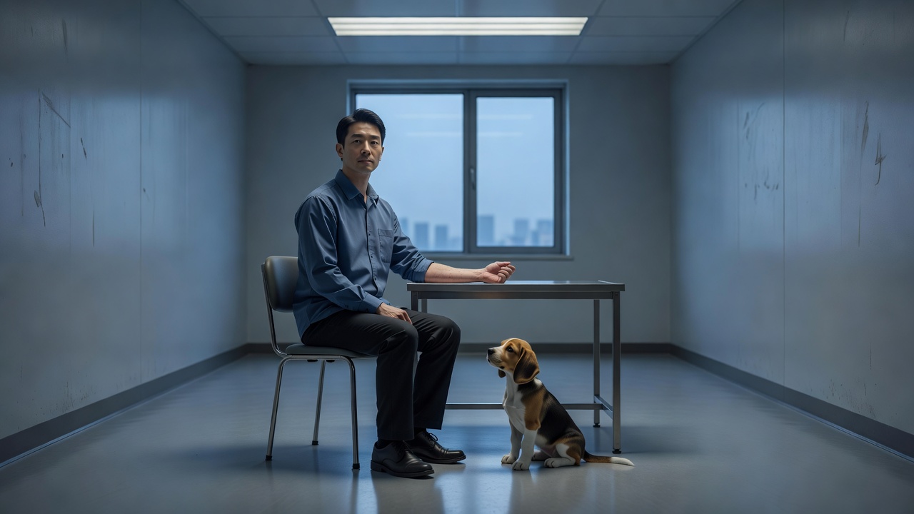 Wide shot of a sensitized human allergy tester seated calmly beside a beagle puppy in a clinical observation room, forearm resting near the dog with no visible reaction, cool blue-hour ambient light, 24mm lens, f/4.