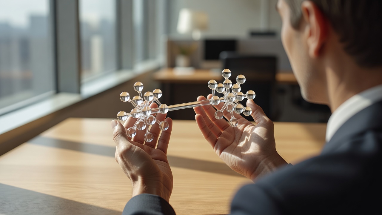 Wide over-the-shoulder shot of hands cupping a physical acrylic model showing two node clusters joined by a single connecting rod, bright daylight streaming through an office window, 50mm lens