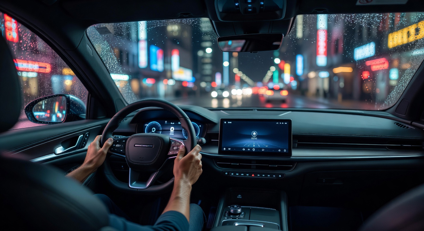 NIO ES9 electric SUV parked at a fast-charging station beside a Shanghai elevated highway, driver's door open, charging cable connected, dusk ambient light, 24mm lens.