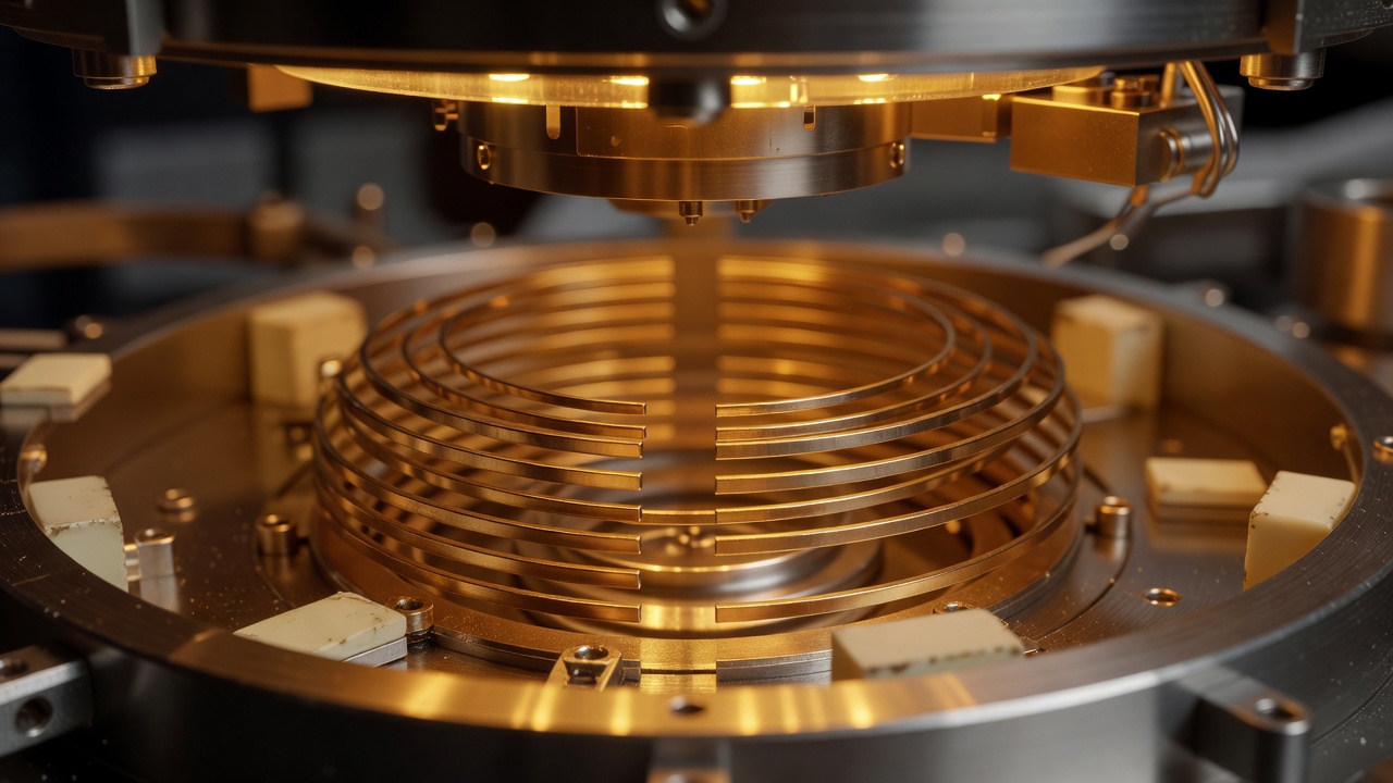 Tight macro close-up of neutral-atom quantum trap electrodes and vacuum chamber interior components, warm golden amber laboratory lighting, shallow depth of field, 50mm macro lens.