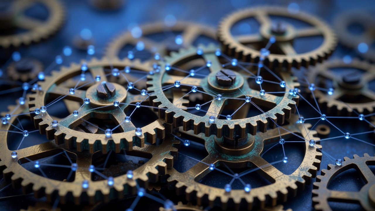 Close-up macro of interlocking brass gears layered over a web of faintly glowing connecting threads between small nodes, blue hour lighting, 85mm lens