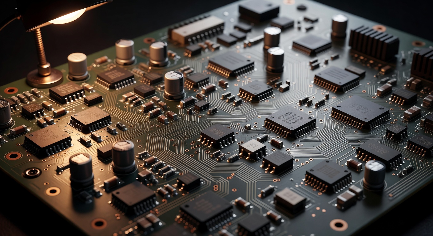Close-up macro of telephony circuit board with visible copper traces and component clusters, warm tungsten desk lamp illuminating left third of frame, rest falls into soft shadow, 85mm macro lens, technical texture emphasis