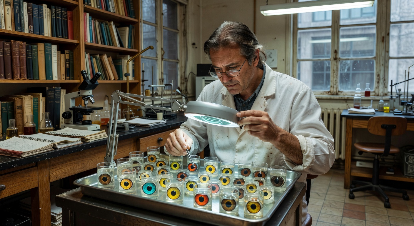 researcher in a university biology laboratory examining preserved bird eye specimens on a dissection tray under magnification, interior lab setting, no text, no labels, no watermar