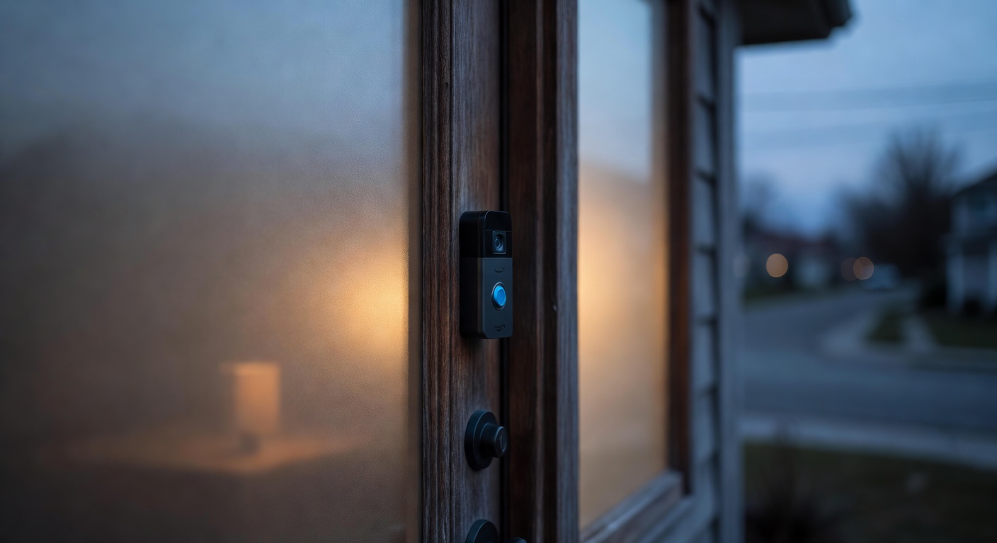 Wide shot of an Amazon Ring smart doorbell mounted on residential doorframe at dusk, soft blue-hour ambient light, warm interior glow visible through frosted glass panel beside door, 50mm lens, shallow depth of field isolating doorbell hardware