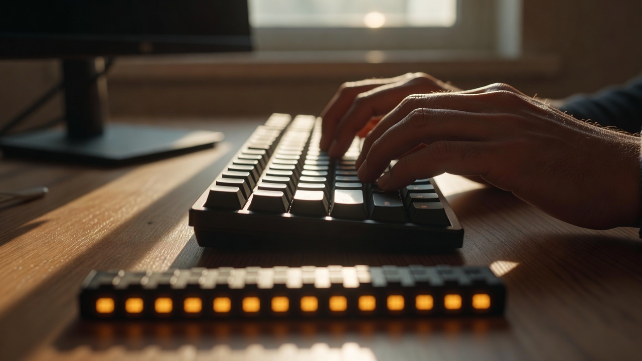 Tight macro close-up of a developer's hands typing on a mechanical keyboard with a soft-focus row of glowing amber commit status LEDs on a custom hardware dashboard in the foreground, warm golden-hour sunlight streaming across the desk from a nearby window creating long shadows and highlights on keycaps.