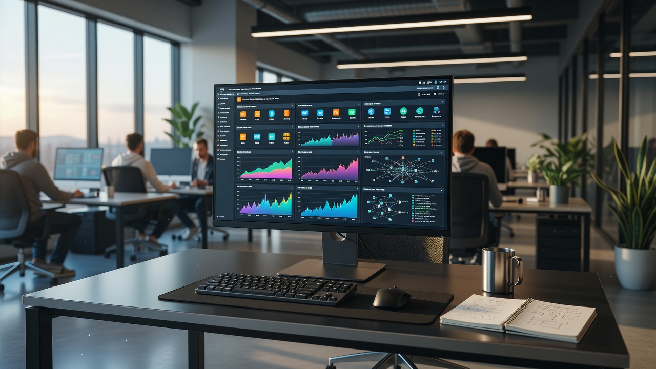Developer workspace with aws interface on screen, modern office lighting.