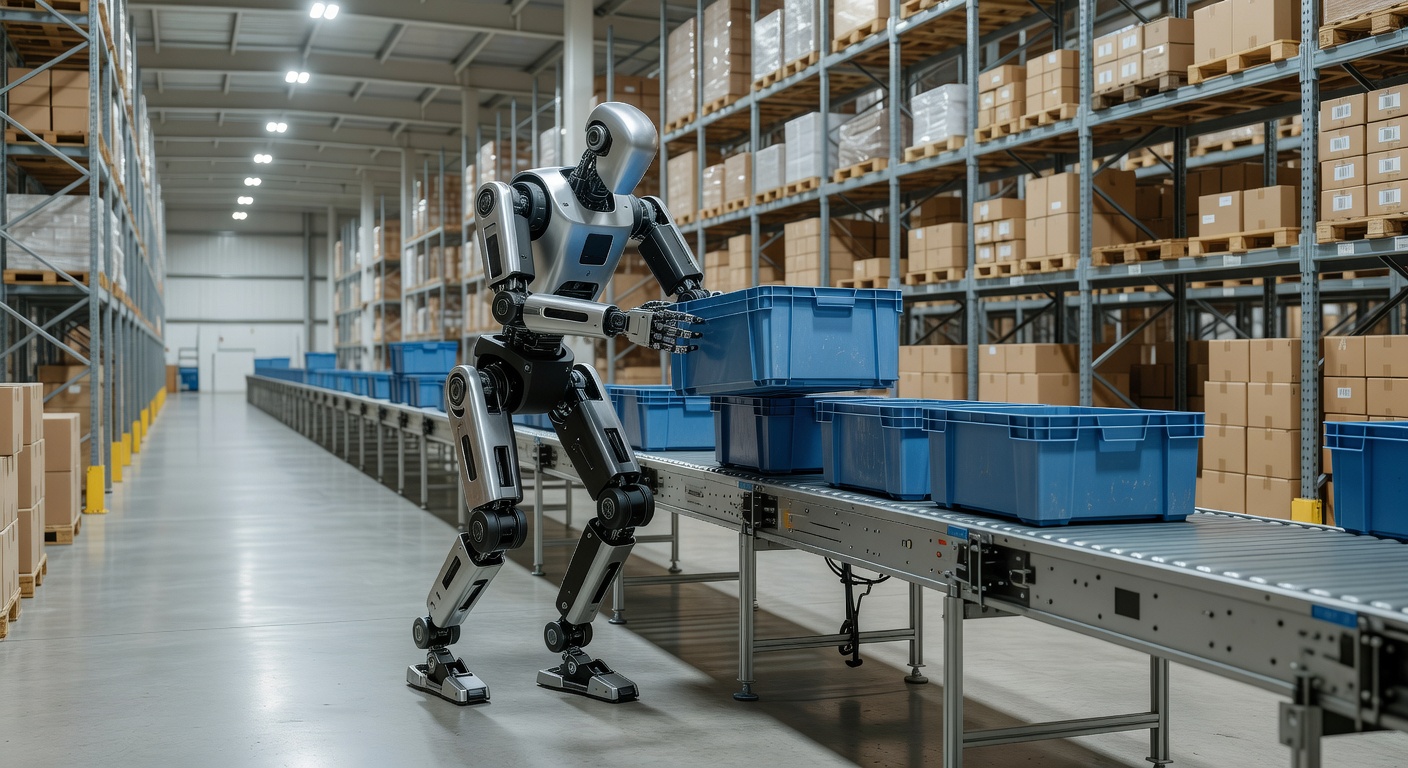 bipedal warehouse logistics robot moving totes along a conveyor in a distribution center