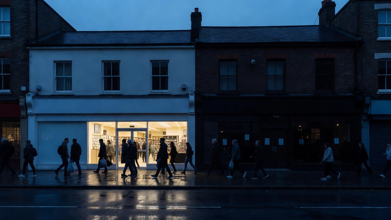 Next to a dark, empty shopfront.