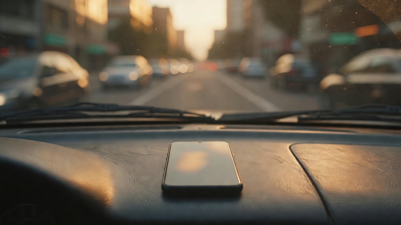 Wide-angle handheld view of a smartphone lying face-down on a car dashboard, its screen dark, city street blurred beyond the windshield, warm golden-hour glow, 35mm lens, soft focus, screens showing only a soft abstract glow, no readable code, interface, or text