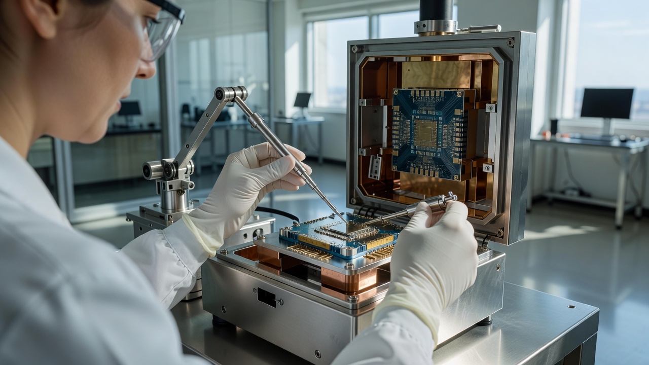 Wide over-the-shoulder daylight shot of a technician's hands guiding a probe arm toward a 120-qubit superconducting chip mounted in an open cryostat, bright lab lighting, 50mm f/4, crisp natural light.