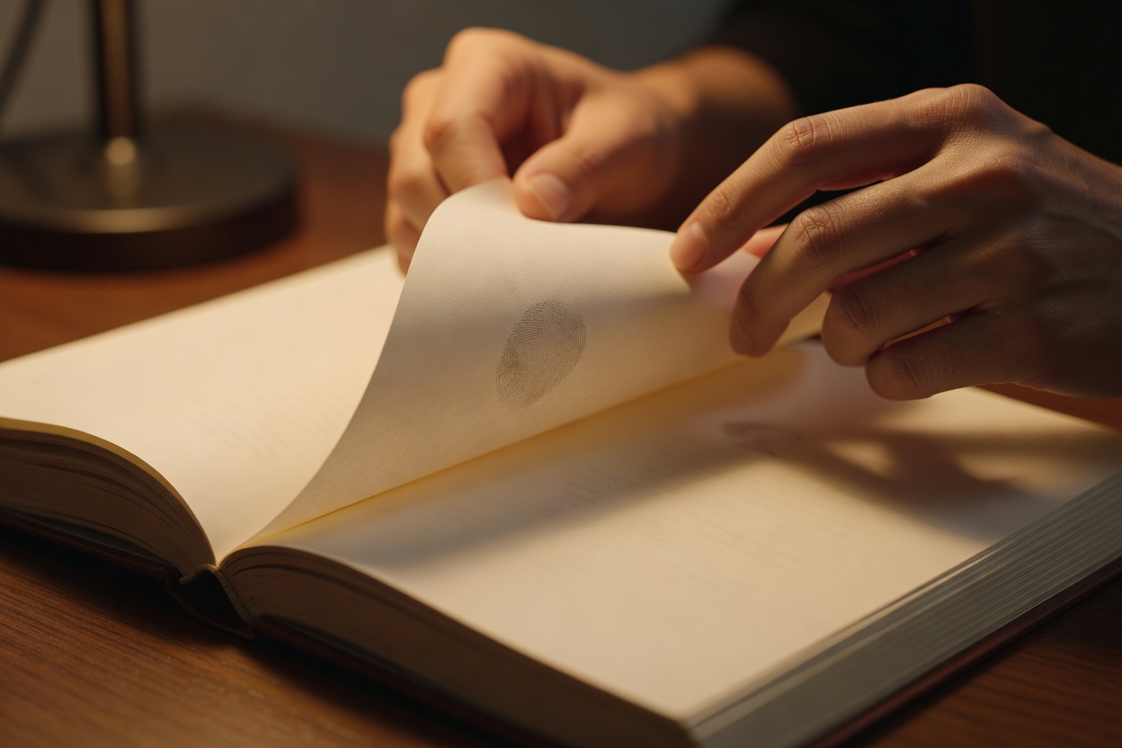 Overhead macro close-up of hands slowly turning the page of a printed novel, faint fingerprint texture visible on the paper, warm amber lamplight, shallow depth of field, 100mm macro lens.