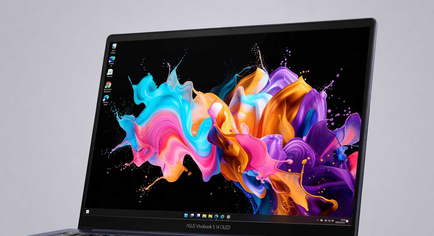 Asus Vivobook S 14 OLED screen close-up showing vivid colors and deep blacks with a colorful desktop wallpaper, macro le