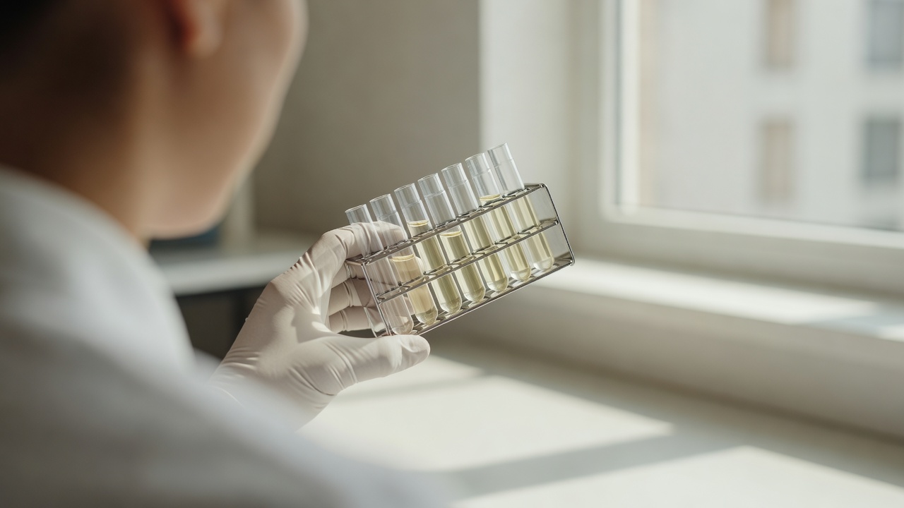 Gloved researcher's hand tilting a rack of blood plasma collection tubes toward a sunlit window, checking clarity, bright airy daylight, over-the-shoulder medium shot, 50mm lens, f/4, soft window light.