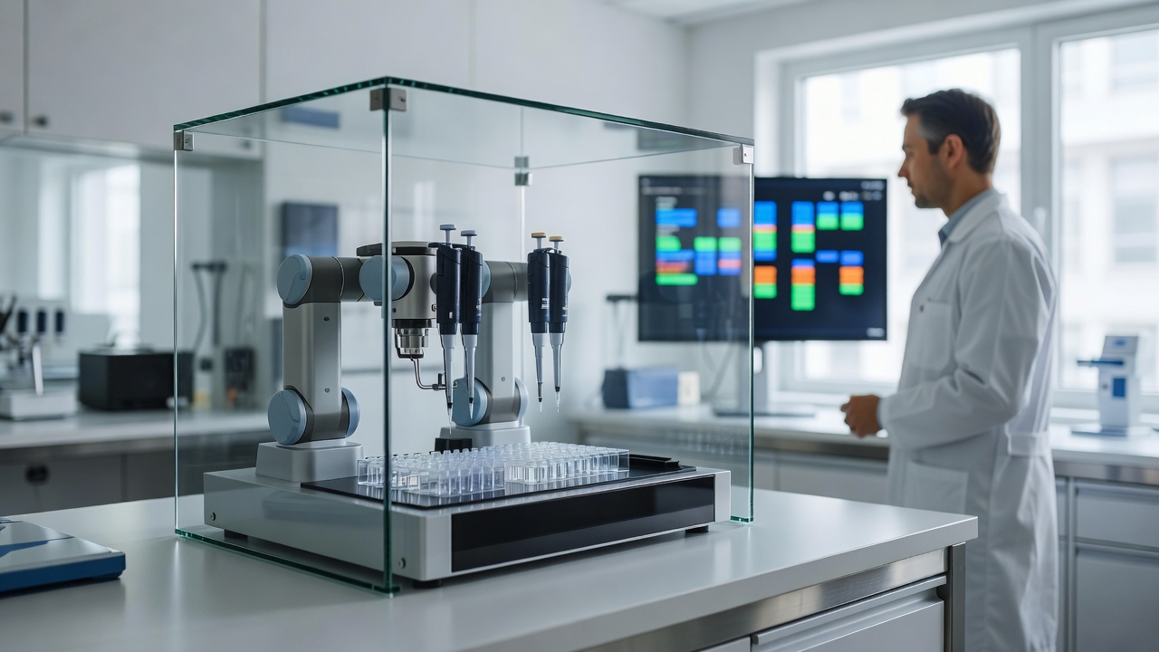 A technician in a white coat watches a monitor of colored bars while a robotic liquid-handling arm works on a sample plate inside a glass enclosure.
