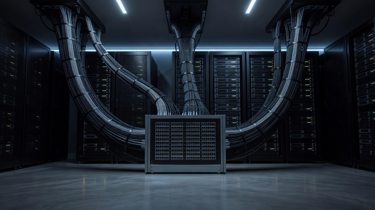 Wide low-angle shot of a workflow automation server room with three separate cable trunks converging into one unmarked patch panel, dim cool blue-hour ambient LED glow, 24mm lens.
