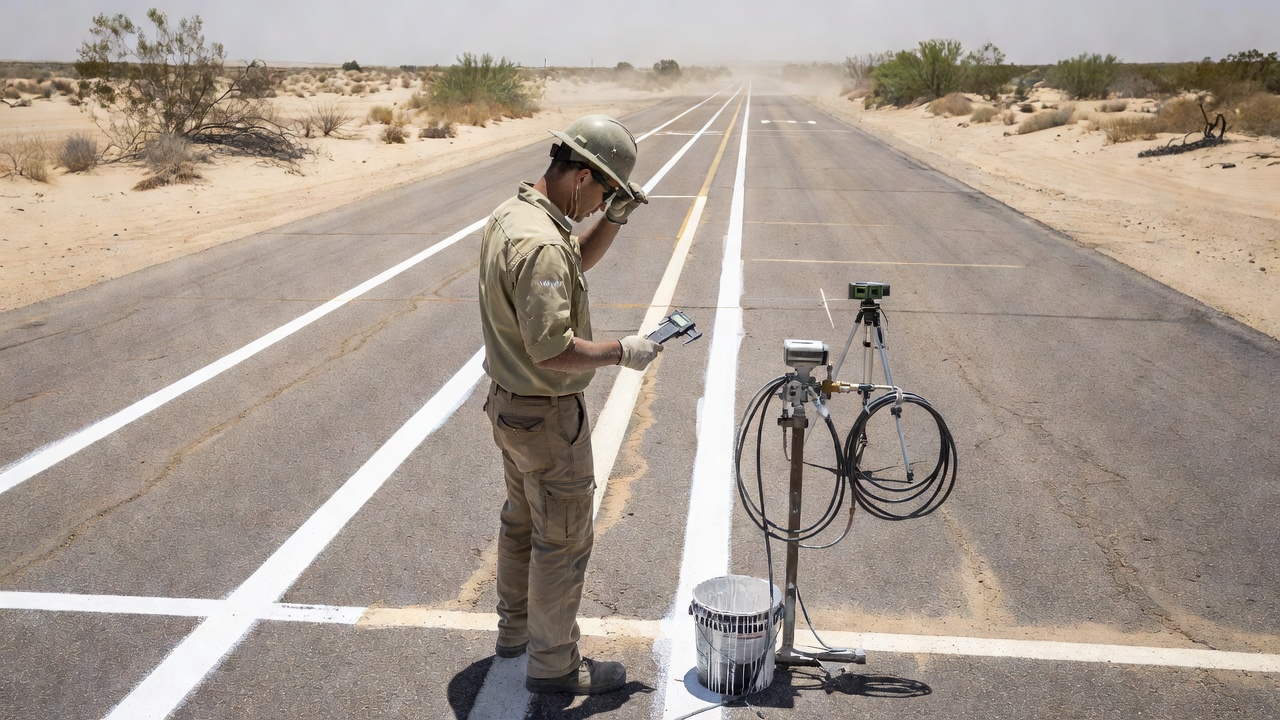 Waymo engineer standing at a temporary road-marking station inside a vast desert test circuit, examining freshly painted lane guides on sun-bleached asphalt, scrub brush at perimeter, over-the-shoulder framing, harsh midday overhead sun, wide-angle lens.