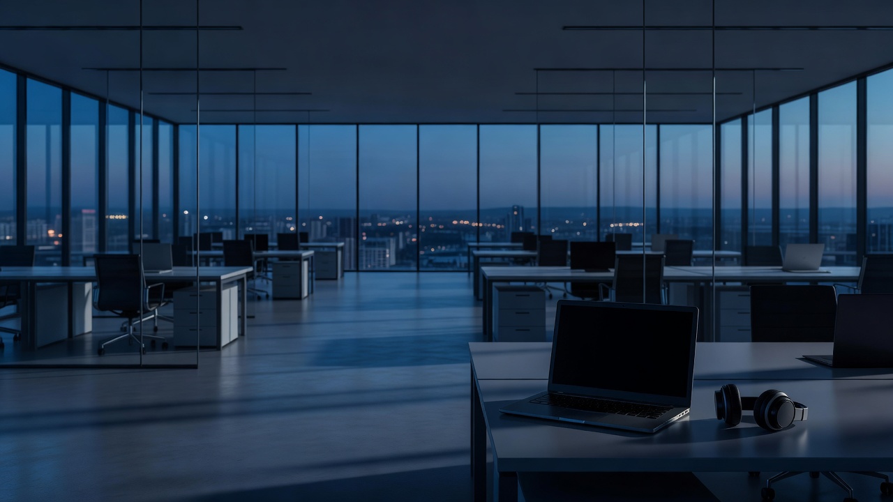 A dark, with a closed-screen laptop and headphones on a desk and city lights beyond the windows.