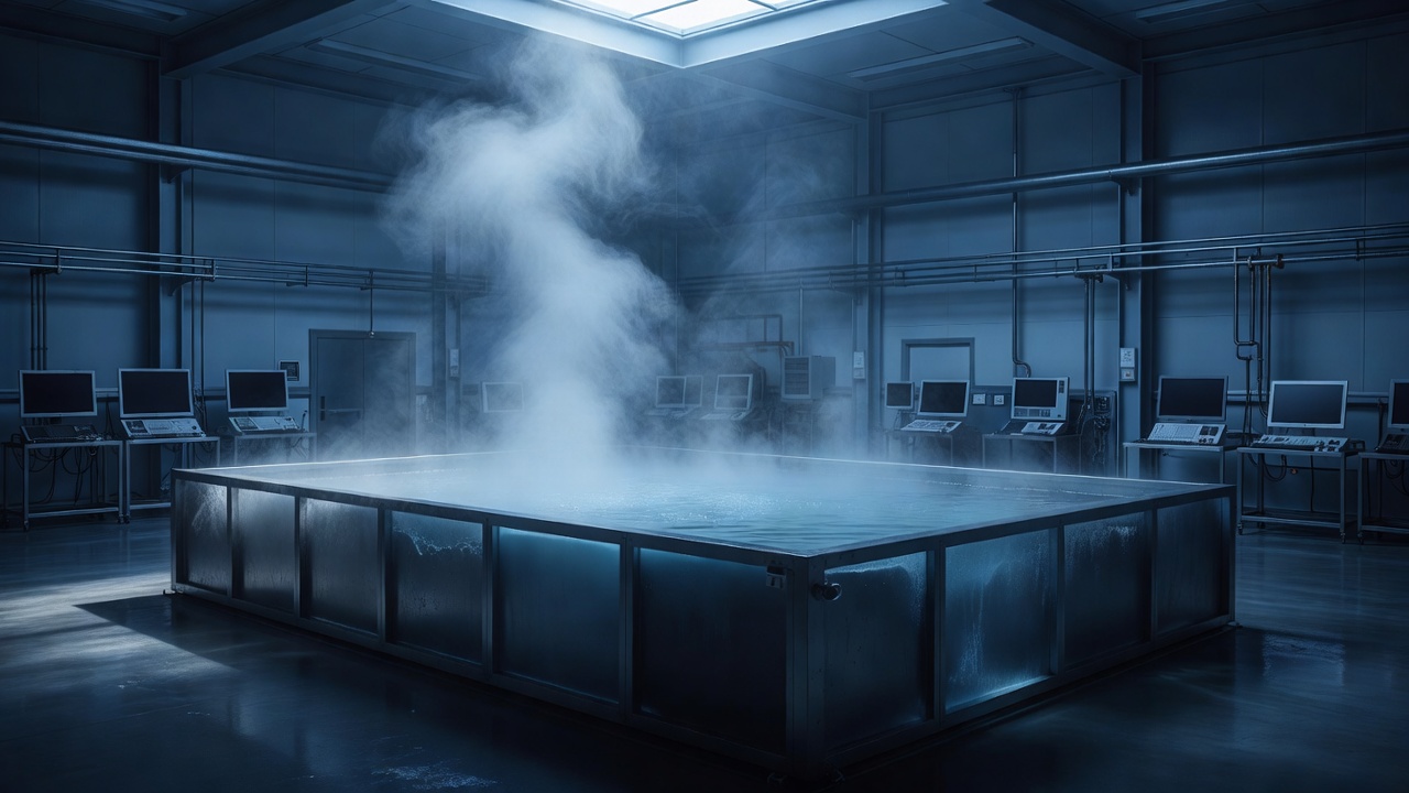 Wide establishing shot of a climate-controlled research lab immersion tank with steam rising off heated water, dim blue-hour ambient light, telephoto compression, cool color grade.