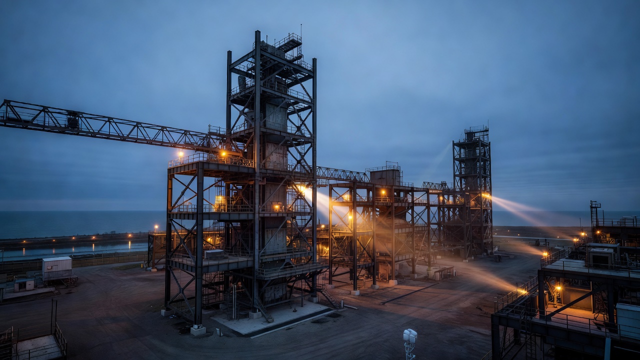 wide establishing shot of an industrial processing facility under blue-hour sky in Conneaut, Ohio, steel superstructure rising against Lake Erie horizon, amber construction lighting cutting through cool dusk air, wide-angle lens with slight vignette