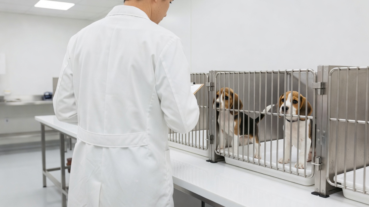 Over-the-shoulder medium shot of a researcher in a white coat reviewing two young beagle puppies in adjacent kennels inside a small wet lab, bright high-key daylight from overhead fluorescents, 50mm lens, f/4, clean clinical whites.