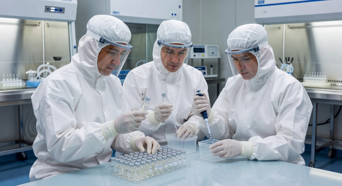 researchers in a gene therapy manufacturing laboratory examining vials of AAV vector product under controlled cleanroom