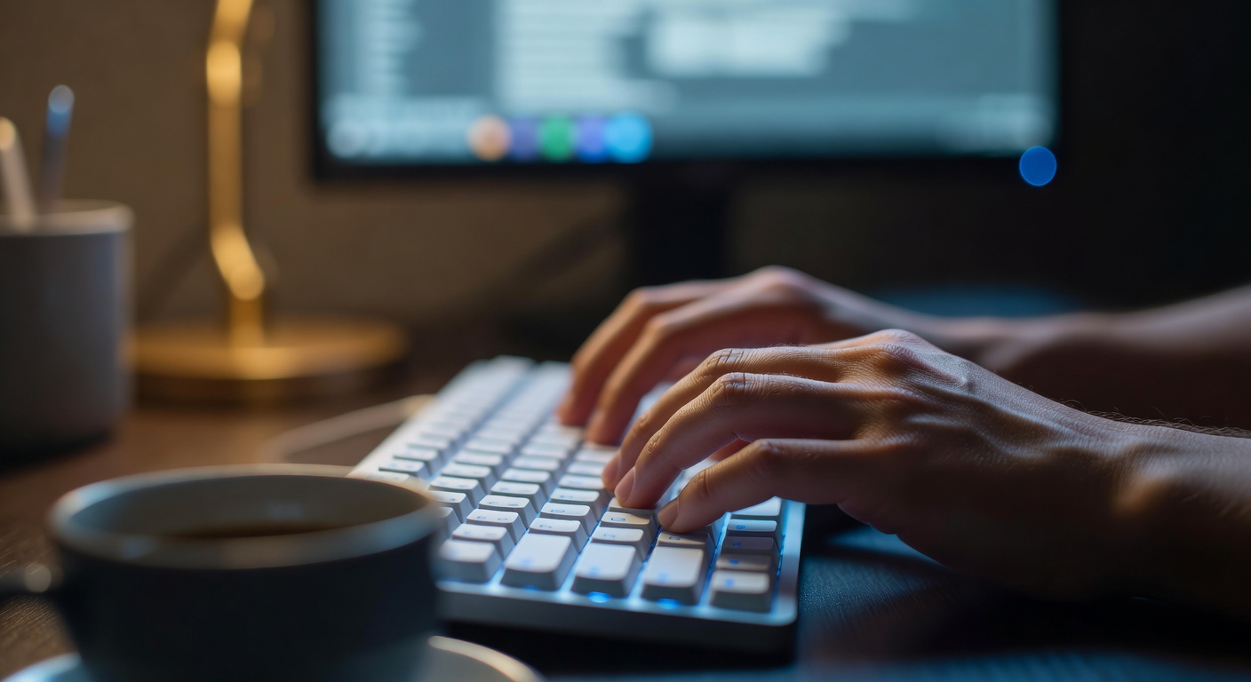 close-up of developer hands typing on a backlit mechanical keyboard with white keycaps, soft blue monitor glow reflecting on fingers, shallow depth of field on 85mm f/1.4, blurred monitor in background with no legible text, warm tungsten desk lamp from left side, coffee cup edge visible in foreground
