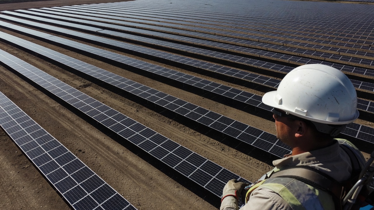 Aerial worker's-eye-view glancing back over a hard hat toward the Erthos array, bright midday sun, panels bolted to bare graded soil, crisp shadows, wide-angle lens.