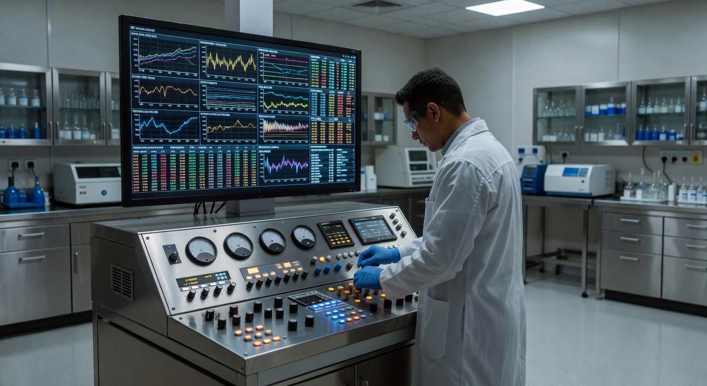 research scientist working at instrument console in laboratory, monitor displaying data, no people identifiable
