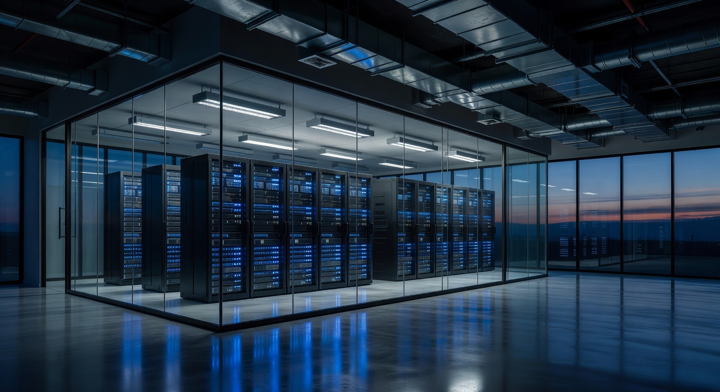 wide shot of a modern glass-walled server room at dusk, rows of illuminated rack-mounted servers with blue LED indicators, ambient cool lighting from overhead fixtures, reflections on polished concrete floor, industrial HVAC ducts visible on exposed ceiling, shot on 24mm f/5.6, deep focus, cinematic teal color grade