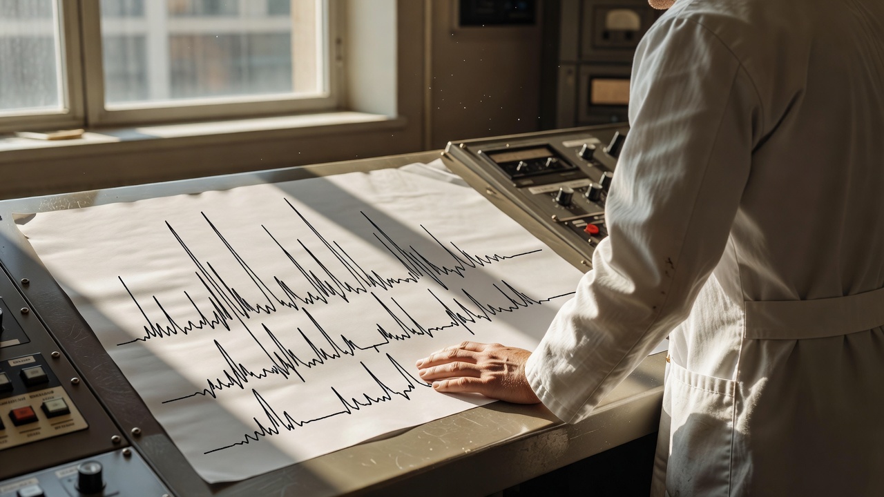Wide-angle over-the-shoulder shot of a physicist's hand steadying a chart of nuclear-recoil energy spikes on paper, sunlit control room, bright daylight streaming through windows, 35mm lens.