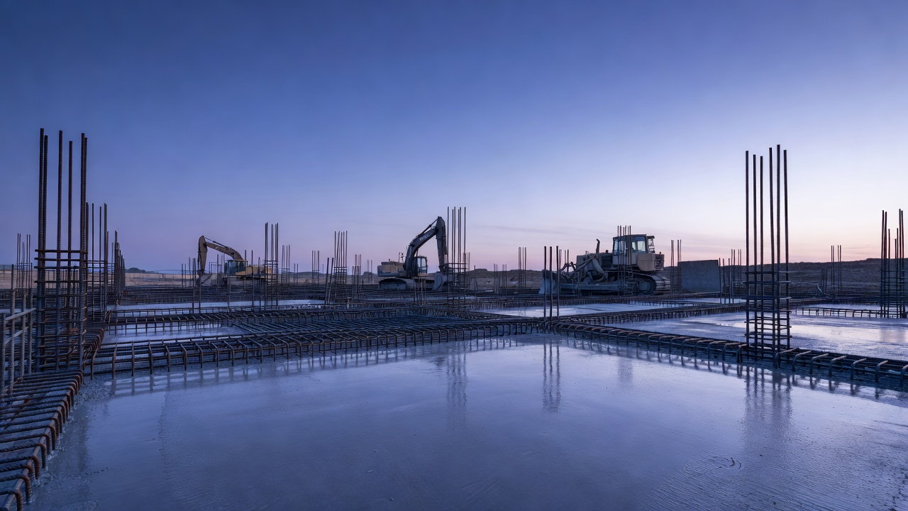 wide-angle photograph of a freshly poured concrete construction site at blue hour, with steel reinforcement rebar grids and earthmoving equipment visible at the footprint of a future quantum computing facility, cool twilight sky, long-exposure ambient light