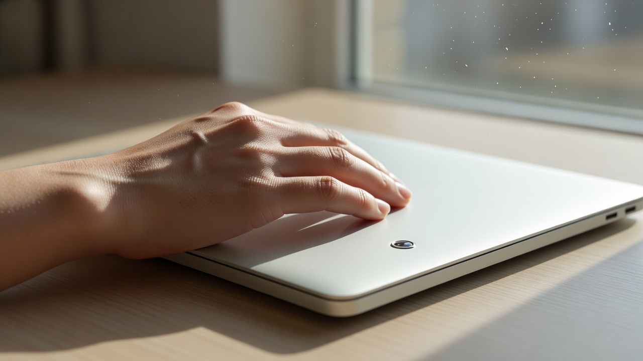 Extreme close-up over-the-shoulder view of a hand resting on a closed laptop lid beside a small unlit server-status indicator light, bright daylight streaming through a nearby window, soft key-light glow.