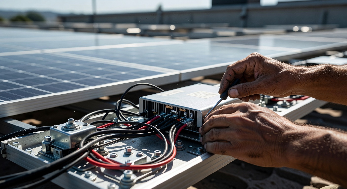 mm close-up of engineer's hands adjusting micro-inverter connection on underside of solar panel, technical detail of wiring and mounting hardware in sharp focus, harsh midday overhead lighting creating strong contrast, background blurred to emphasize precision technical work