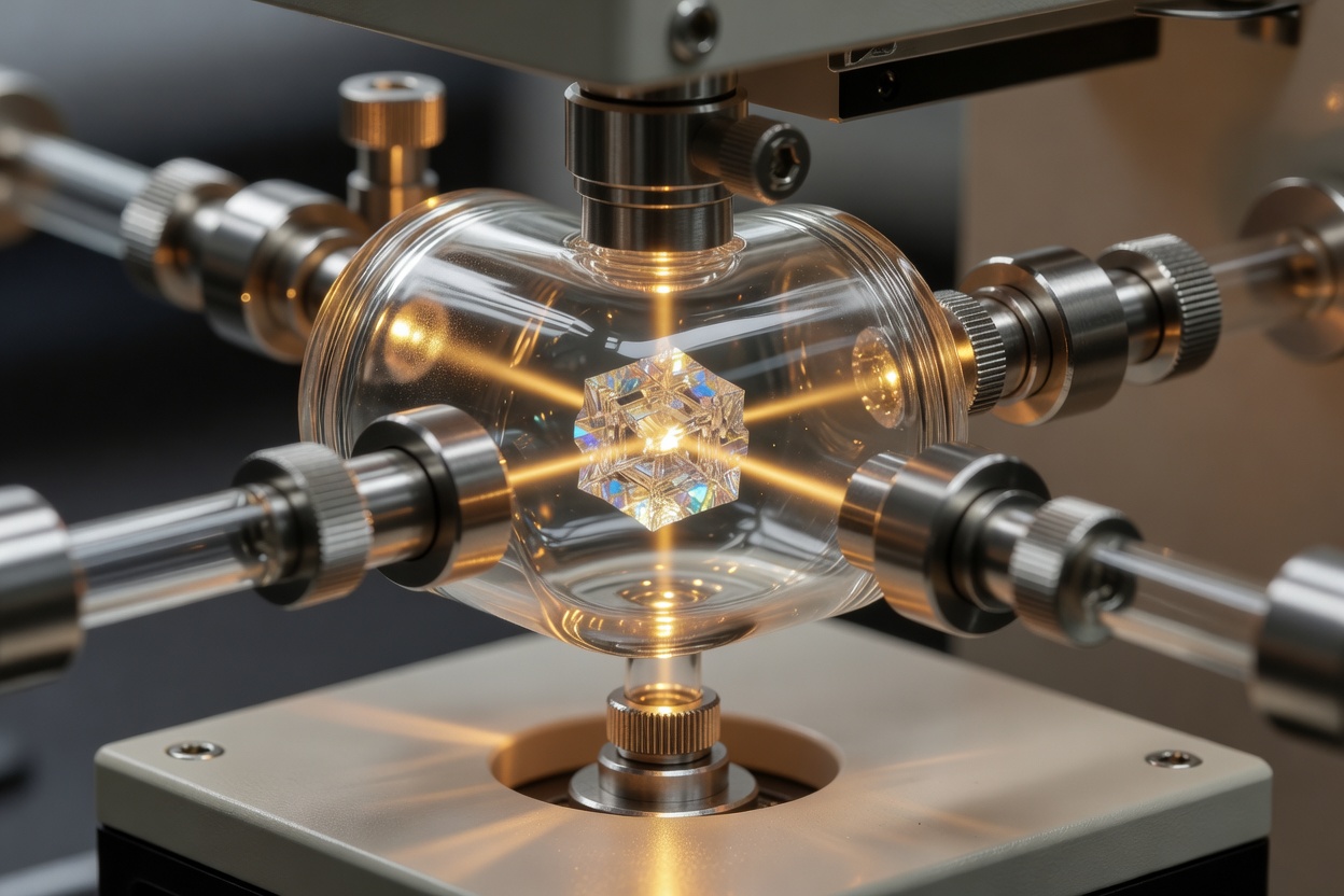 Ultrafast spectrometer's photon-echo sample cell close-up, exciton crystal glinting under amber alignment beam, glass and metal fittings catching warm light, macro lens, shallow depth of field.