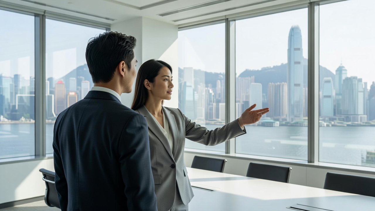 Over-the-shoulder medium shot of two business professionals in bright modern conference room, one gesturing toward glass wall overlooking Hong Kong skyline, clean high-key daylight flooding through floor-to-ceiling windows, 35mm lens with soft natural light