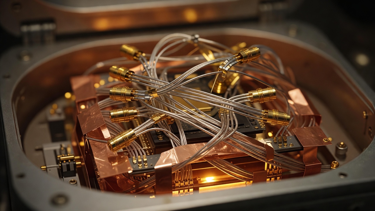 Tight macro close-up of tangled superconducting qubit wiring inside an open cryostat, gold-coloured coaxial connectors and copper shielding layers visible, warm amber backlight, shallow depth of field.