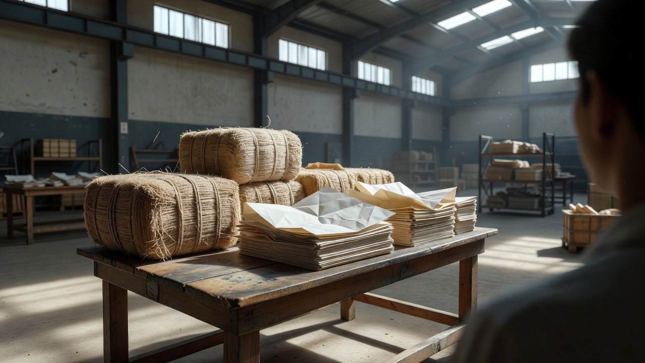 Bamboo pulp bales and folded paper samples on an inspection table, hands absent, warehouse skylight overhead, over-the-shoulder framing, bright daylight streaming through high windows.