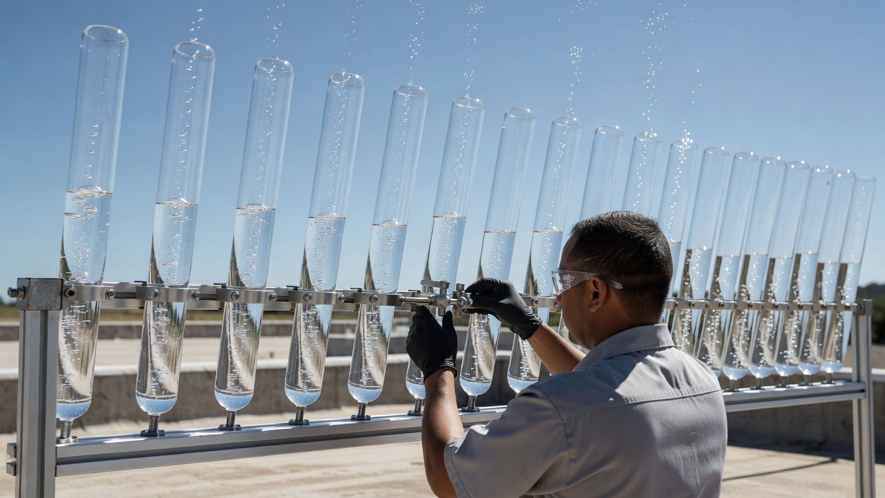 Technician in safety glasses and gloves adjusts a clamp on a rooftop rack of clear glass tubes filled with water and rising bubbles.