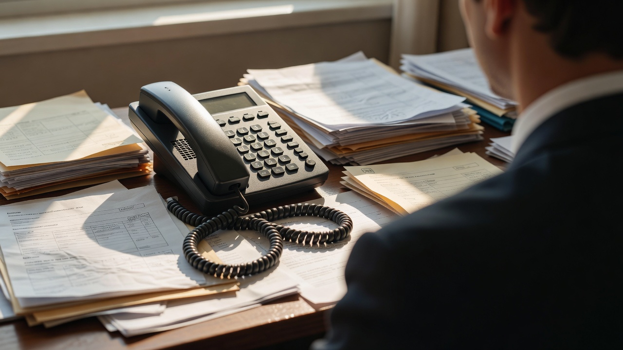 A firm's main phone line handset resting off its cradle on a paper-cluttered desk, sunlight streaming across the receiver's coiled cord, over-the-shoulder medium shot, bright daylight, 50mm lens, natural window light.