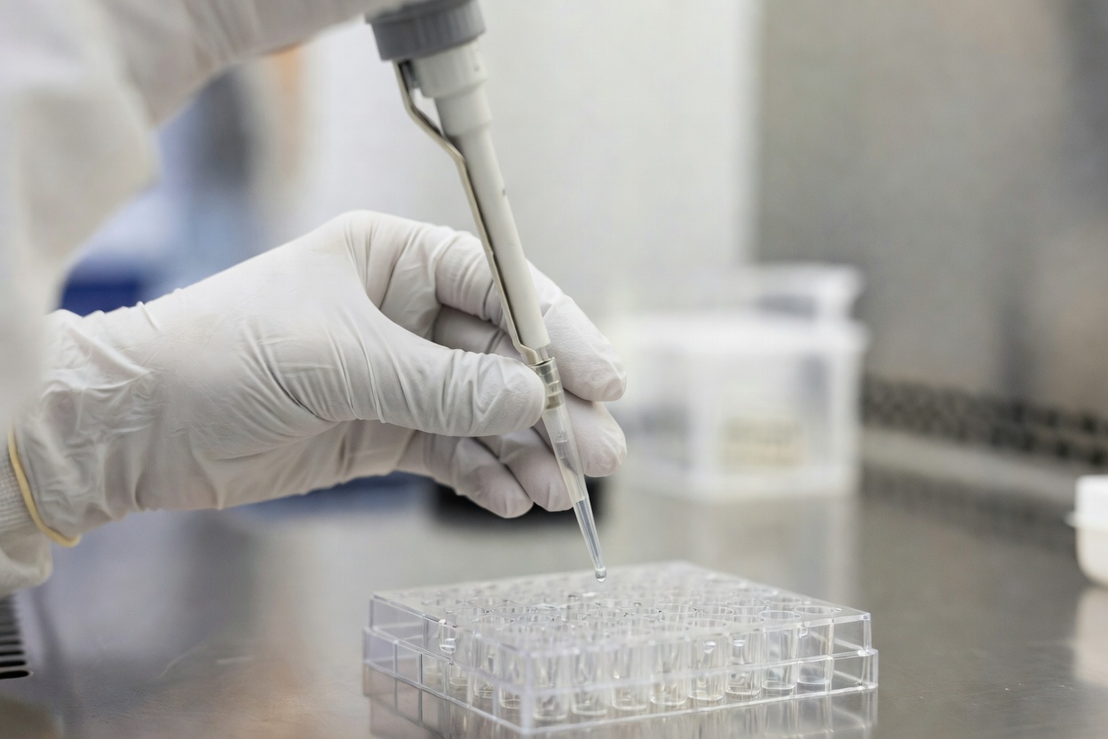 A researcher pipetting samples into a multi-well plate in a sterile lab