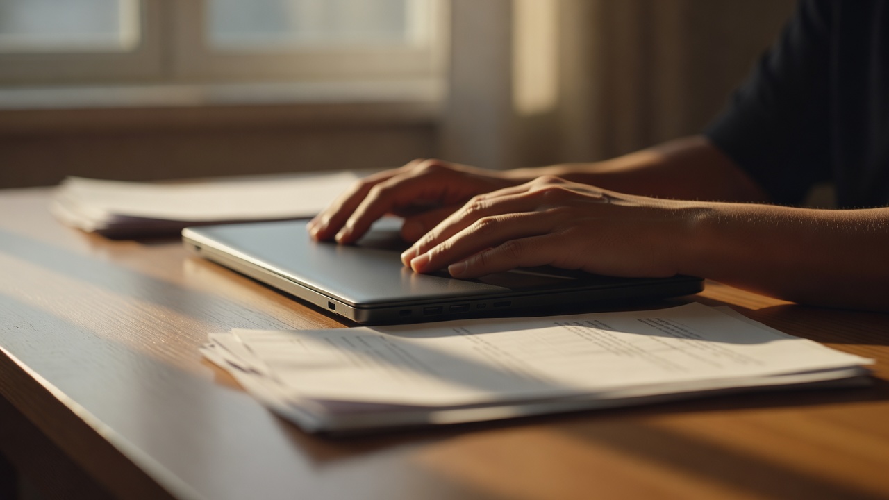Close-up of security analyst's hands hovering over closed laptop and printed incident playbook on desk, mid-afternoon warm sunlight from side window, papers showing structured response steps without readable text, shallow depth of field, golden-hour glow, 85mm lens, screens showing only a soft abstract glow, no readable code, interface, or text