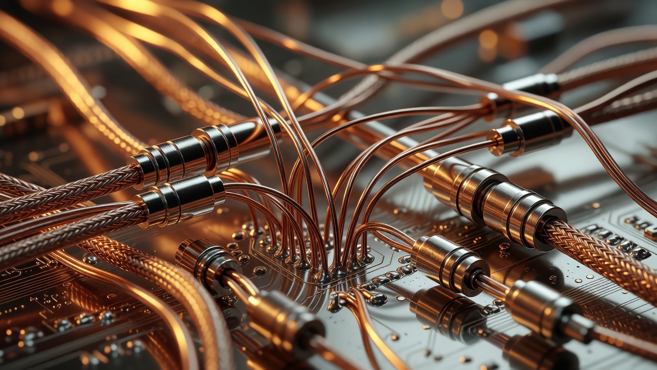 Tight macro close-up of tangled copper coaxial cables and connectors soldered onto a superconducting quantum processor substrate, warm amber light raking across metallic surfaces, shallow depth of field, 50mm macro lens.