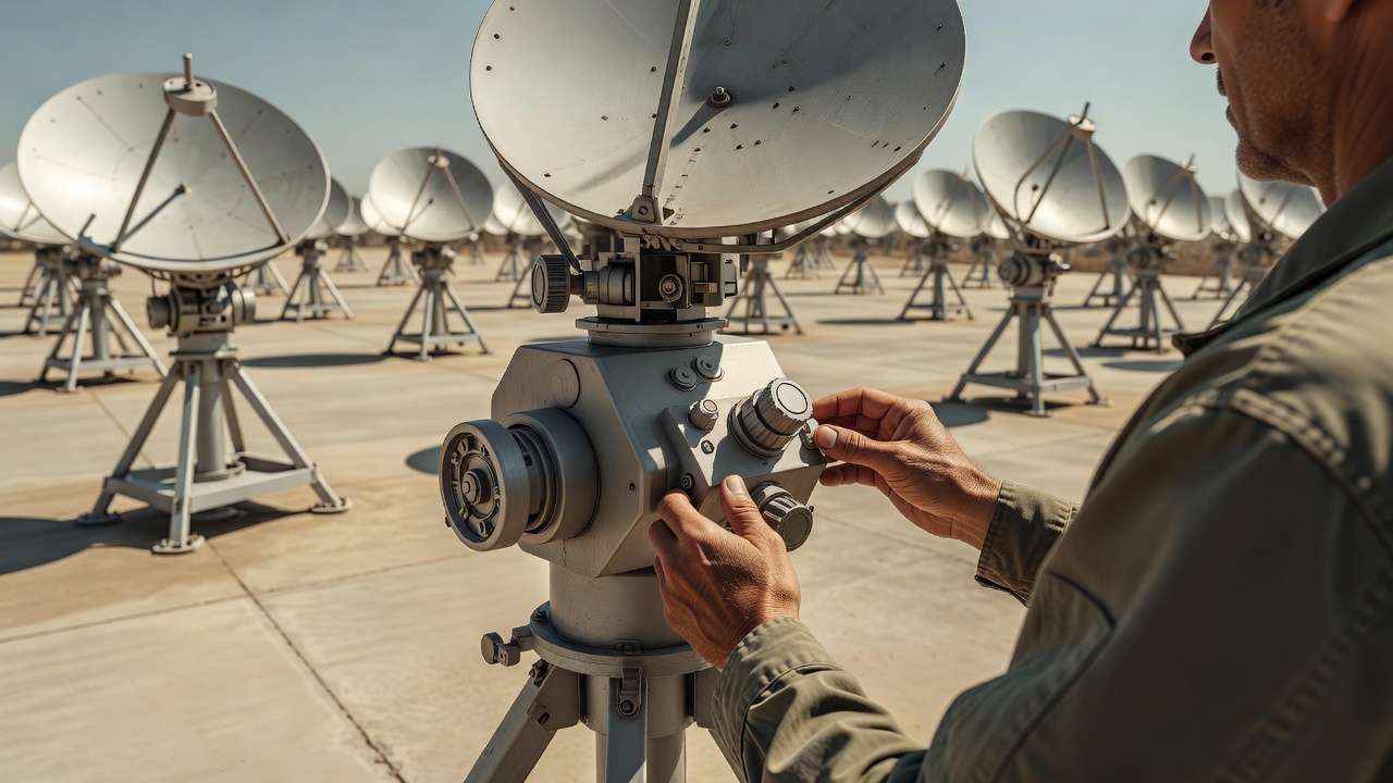 Over-the-shoulder medium shot of a ground station operator's hands adjusting a large parabolic dish antenna, dozens of satellite ground terminals visible across a sunlit facility courtyard, bright high-key daylight, wide-aperture 35mm lens.