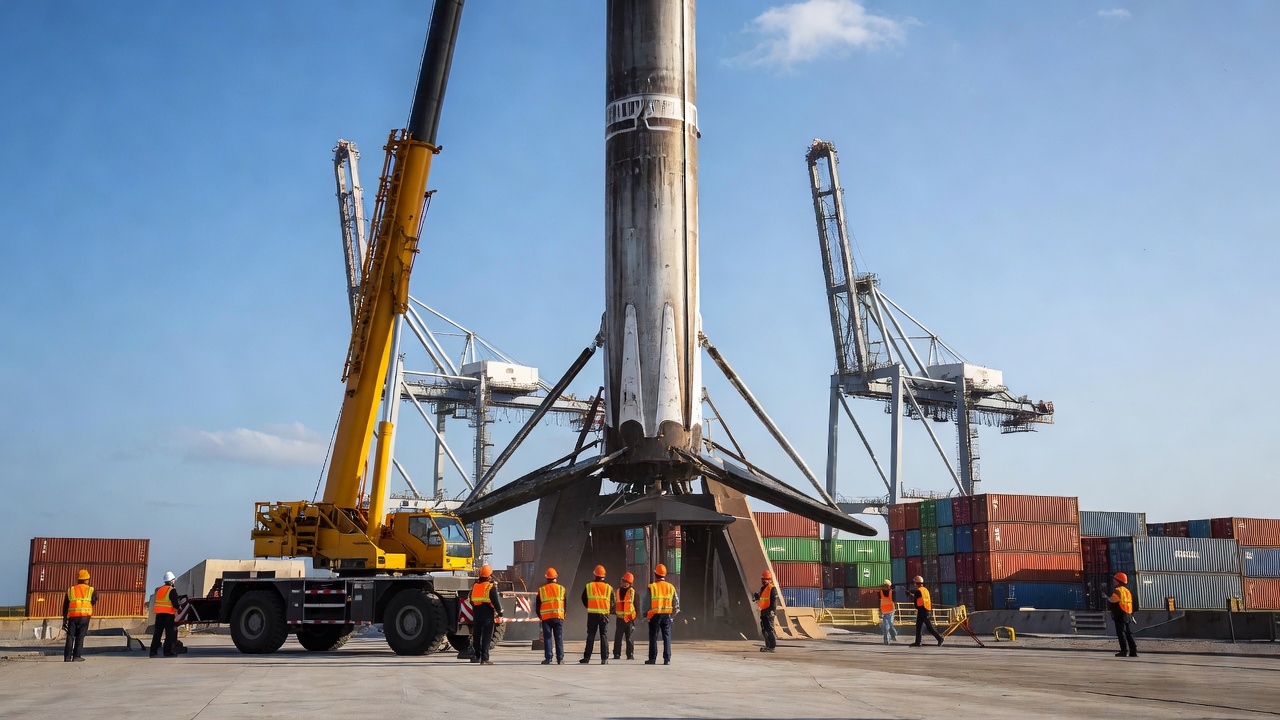 Falcon 9 booster's landing legs and gridfins lit warm as ground crew wheel a mobile crane toward the recovered stage, harbor cranes and cargo containers behind, crisp midday sun, wide-angle daylight lens.