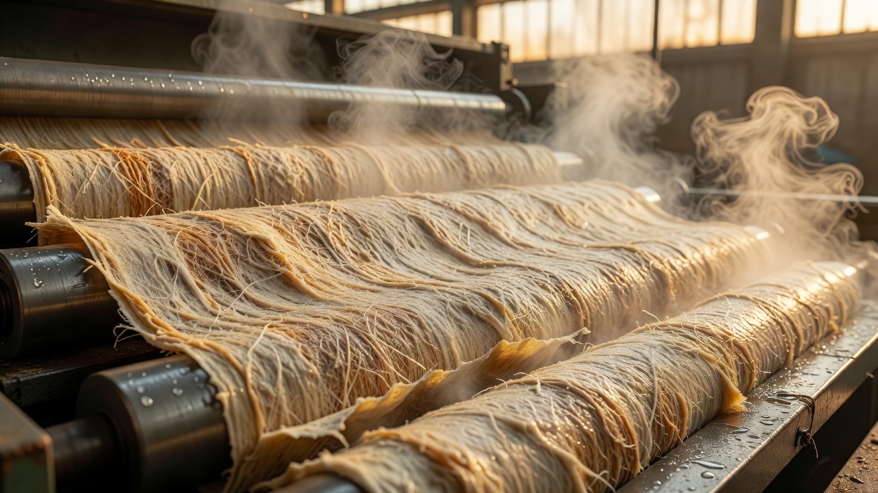 Dense pulp fibers being pressed and dried into flat sheets on a small factory roller line, steam rising, close-up texture detail, macro lens, warm golden-hour light.