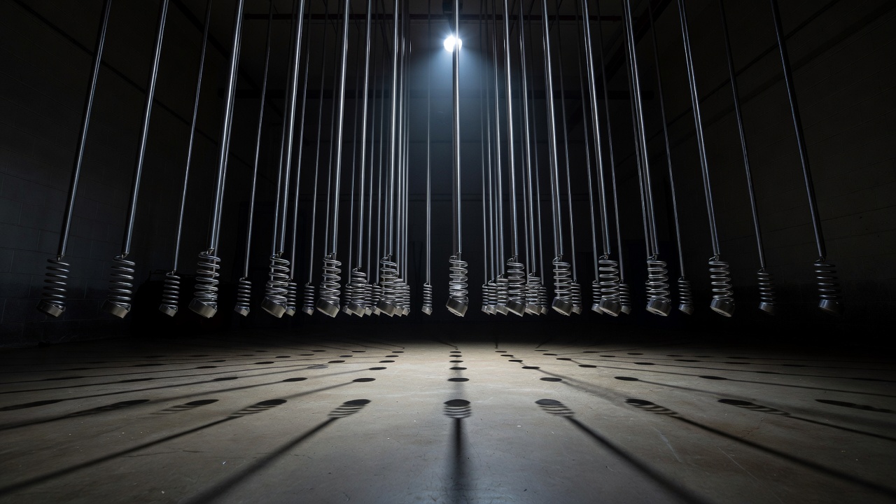 Low-angle shot of a coupled-pendulum oscillator array in a physics lab, metal rods and springs synchronized mid-swing, deep shadows, single dramatic overhead spotlight, wide-angle lens.