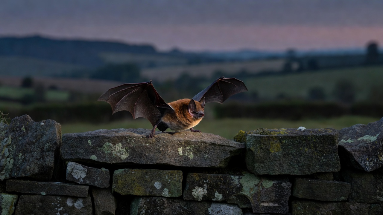 Tight macro close-up of a greater noctule bat mid-flight gripping a small songbird in its jaws against a blurred dusk sky, reddish-brown fur backlit by warm golden-hour light, shallow depth of field.