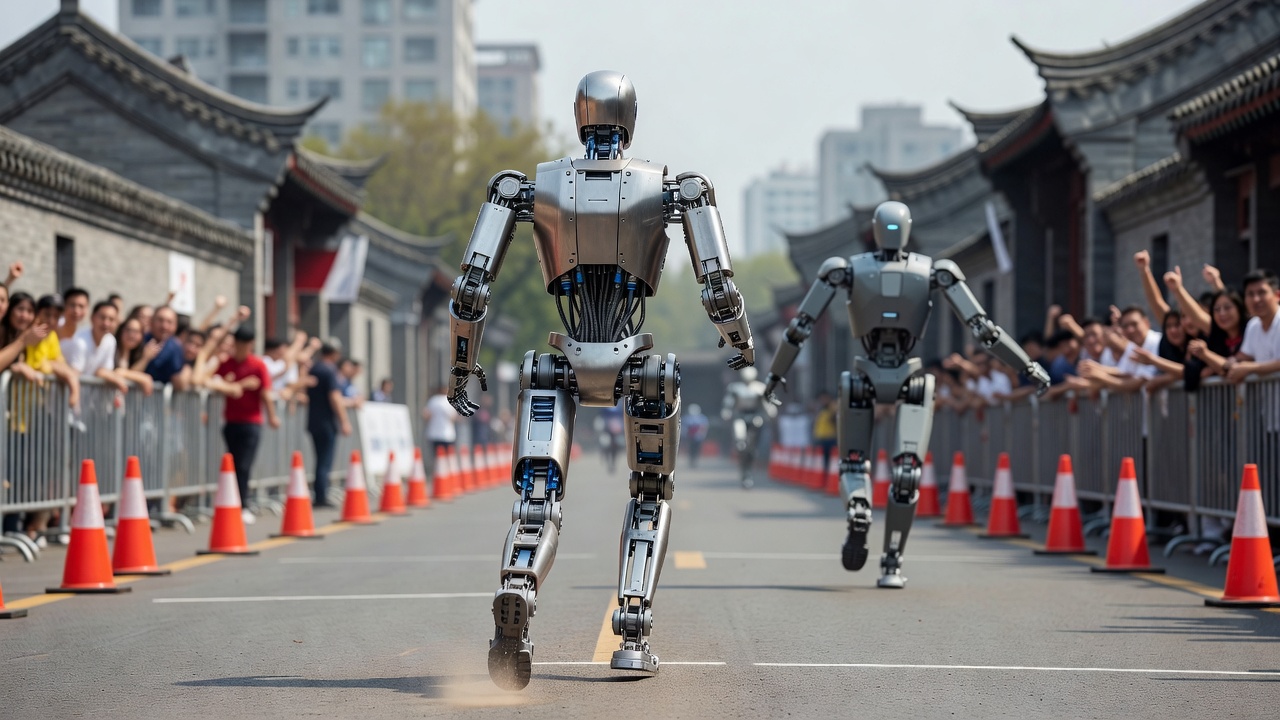 Humanoid robot mid-race on a Beijing street course, over-the-shoulder medium shot tracking Lightning from behind as it pulls ahead of a trailing competitor, race cones and crowd barriers flanking the route, bright high-key midday overcast light, 85mm telephoto compression.