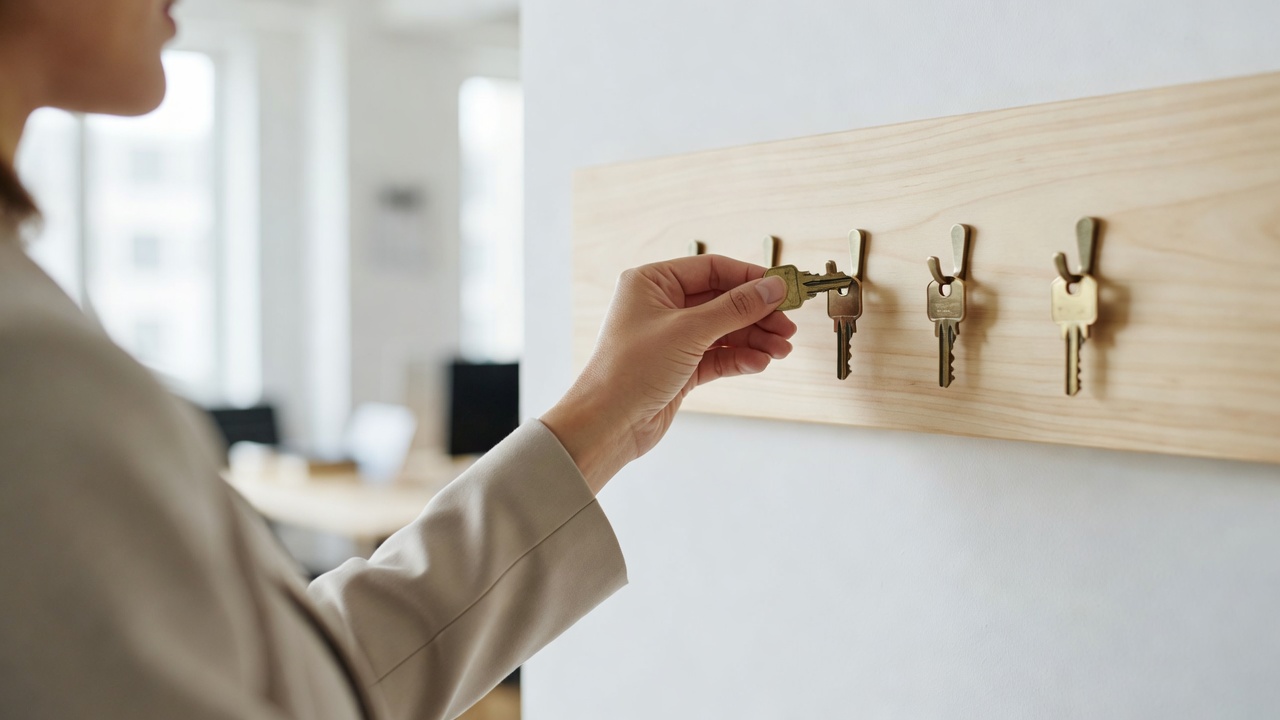 A person's hand places a brass key onto a wooden wall rack of hooks that already hold other keys, in a bright office.